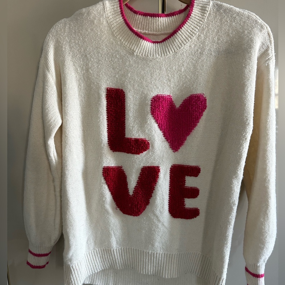 Lou & Grey White Sweater with Pink Love Design